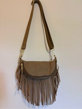 Fringed Taupe Crossbody Bag with Gold Hardware